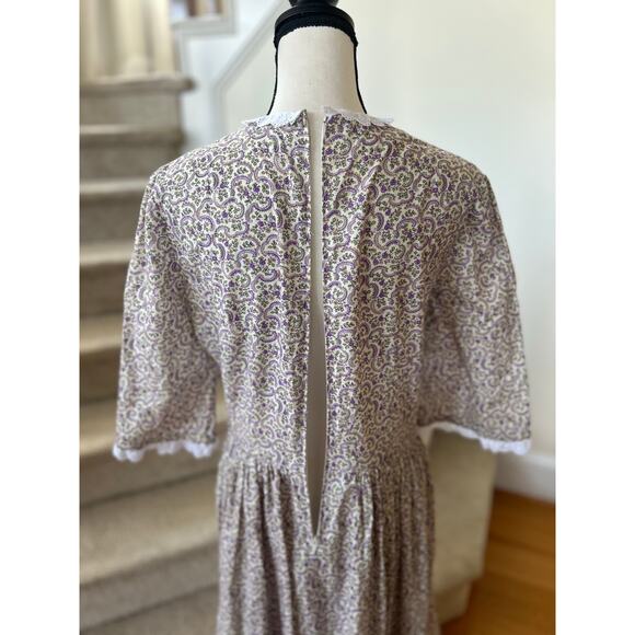 Vintage Purple Ditzy Floral Lace Scallop Collar Tiered Drop Waist Maxi Dress - Picture 5 of 9